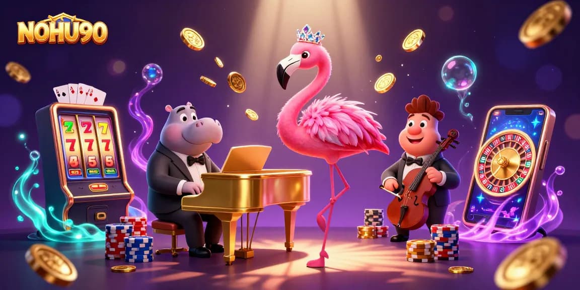 Experience the thrill of winning big with NOHU90's vibrant casino scene featuring a flamingo singer and a hippo bassist.