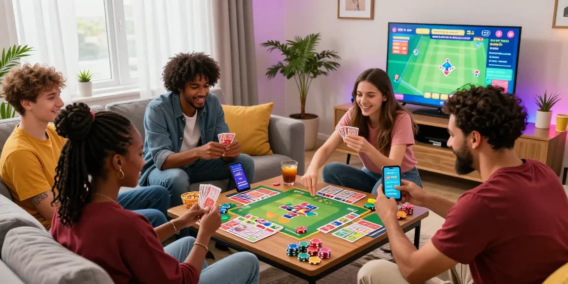 Friends enjoying Card Rummy, showcasing Casino game APK excitement with snacks and a lively atmosphere.