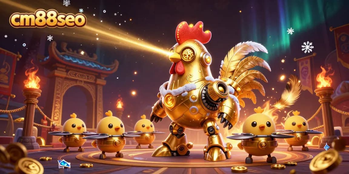 Engage with cm88seo's thrilling casino adventure featuring a golden rooster robot and drones.