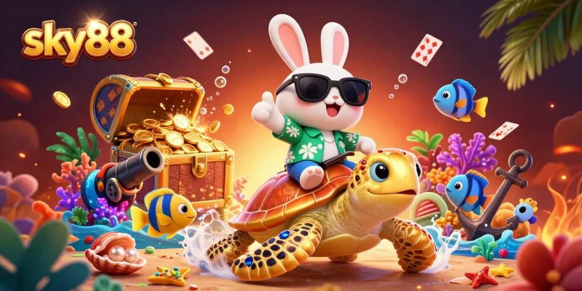 Join the action at sky88 with a lucky rabbit and golden turtle enjoying vibrant casino fun under the sea.