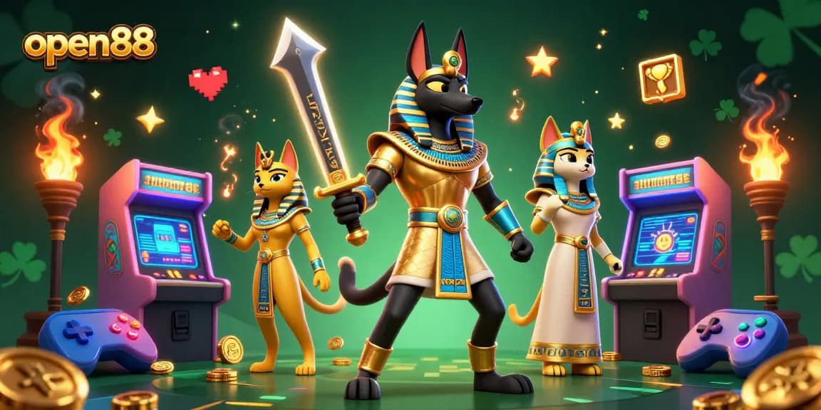 Experience thrilling gameplay with open88's vibrant 3D illustration featuring Anubis and Bastet surrounded by casino elements.