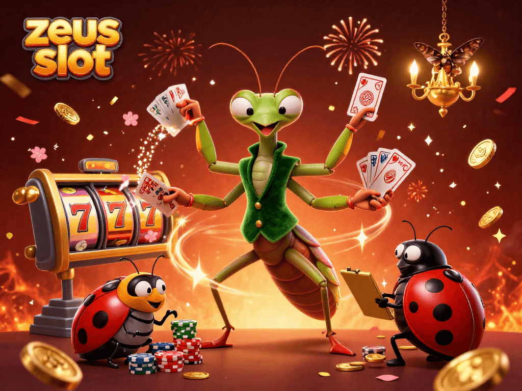 Experience the excitement of zeus slot with vibrant characters and festive casino elements.