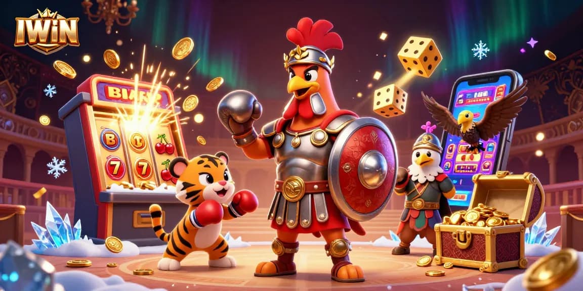 IWIN players engaging in thrilling slot machine action with vibrant casino elements and 3D characters