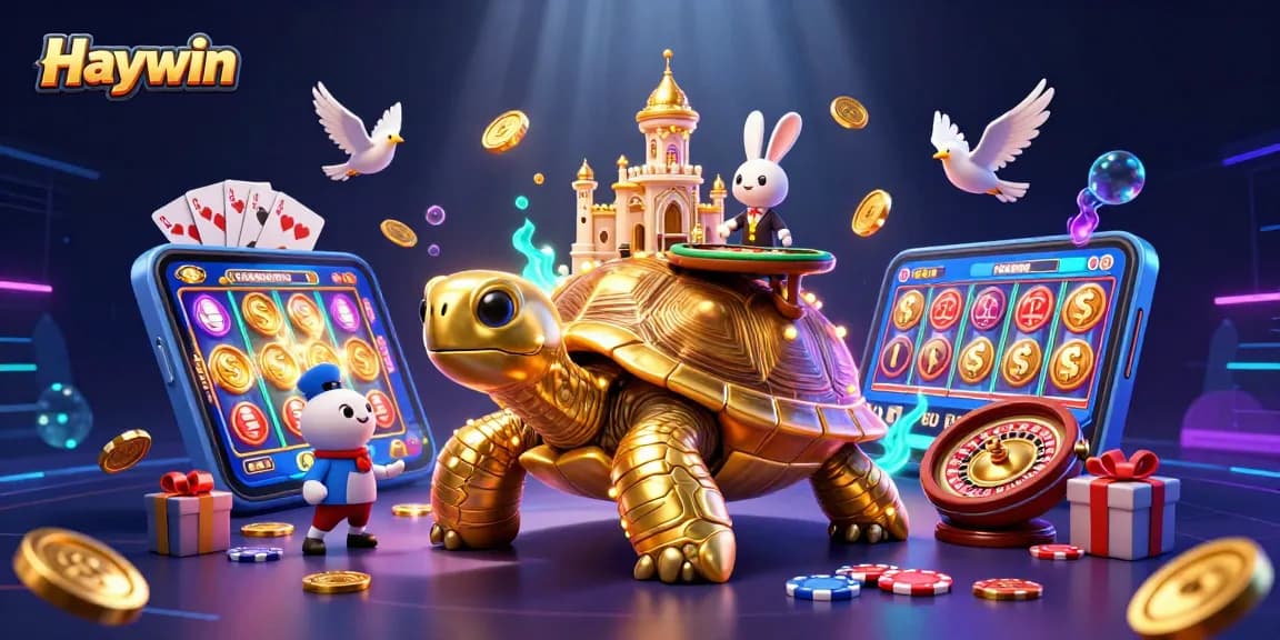Immerse in Haywin's vibrant gaming scene featuring a golden tortoise casino, playful dealer, and winning potential.