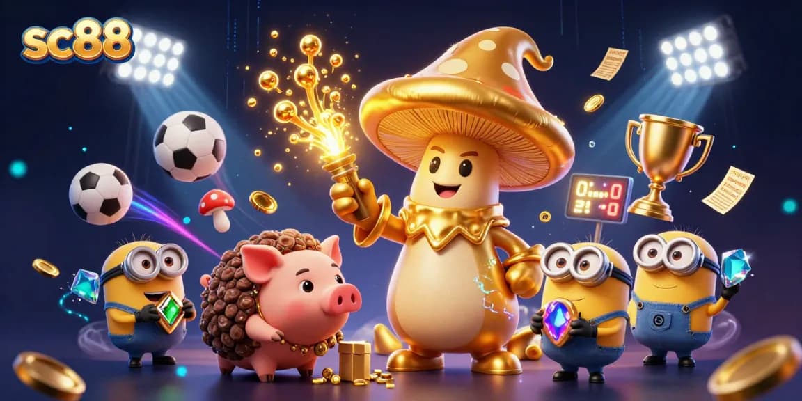 Explore thrilling sc88 casino adventures with a golden wizard and treasure-hunting pig in a vibrant 3D illustration.