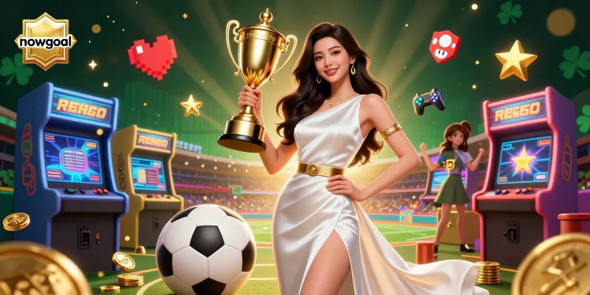 Bet on nowgoal with a victorious Asian woman holding a trophy, surrounded by dynamic sports betting elements.