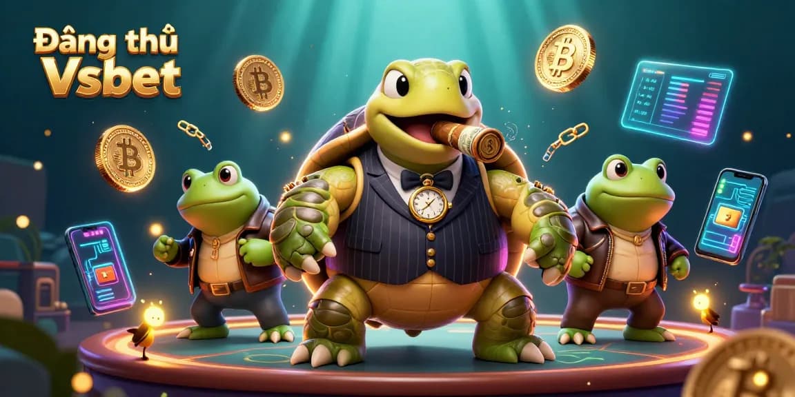 Experience the excitement of Đăng ký Vsbet with vibrant casino characters and blockchain elements.