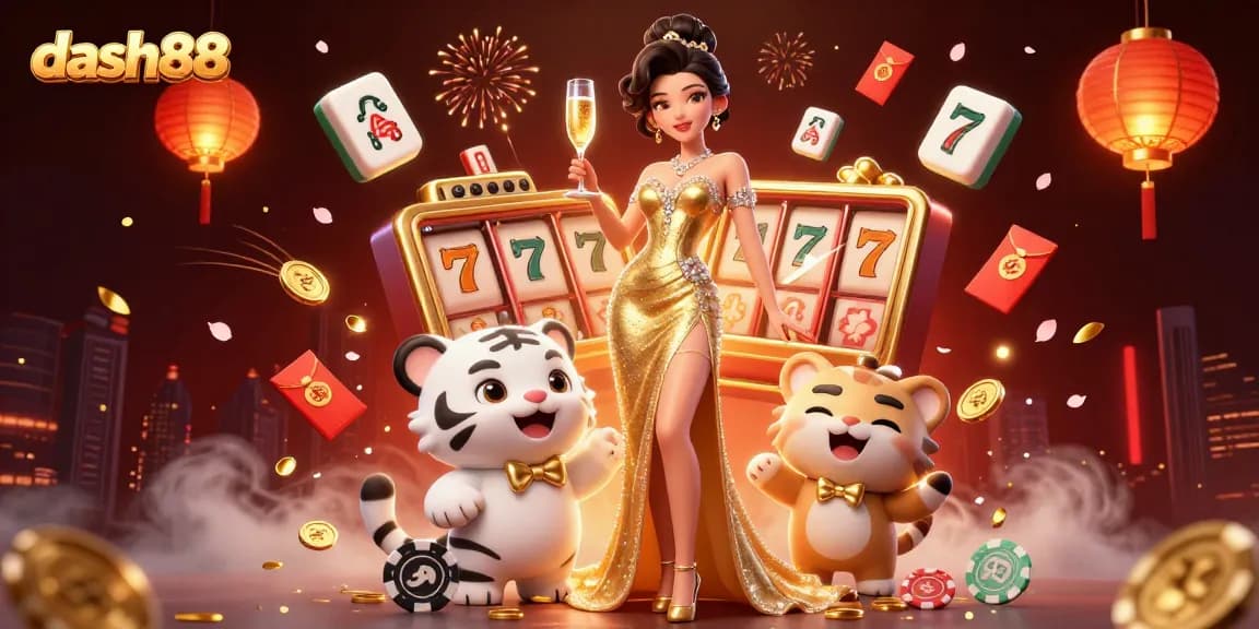Experience dash88 slots with a glamorous winner surrounded by fortune-themed elements.
