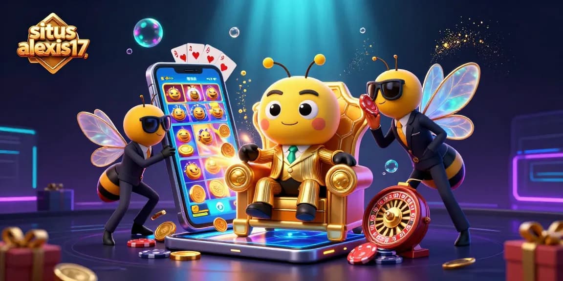 Menyambut dunia perjudian dengan situs alexis17, menggambarkan karakter uang bumblebee yang stylish dalam suasana kasino mewah.