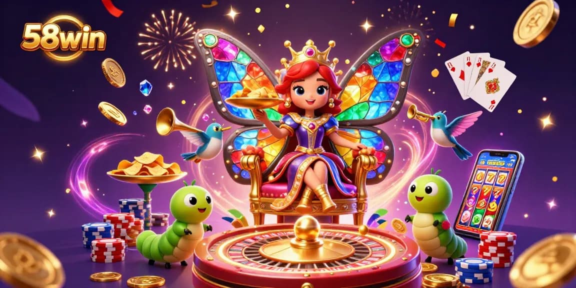 Experience the vibrant world of 58win with a dynamic illustration featuring a butterfly queen amidst golden casino elements.
