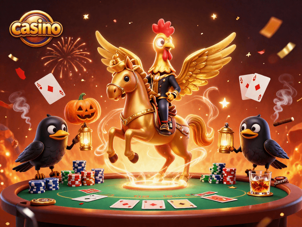 Experience top casino excitement with a golden rooster and pumpkin-headed crows amid vibrant gaming elements.