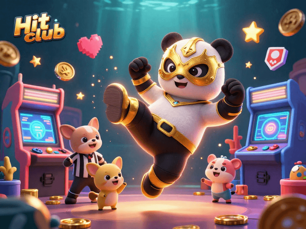 Engage with the Hit club as the wrestler panda leaps into action amidst vibrant arcade elements.