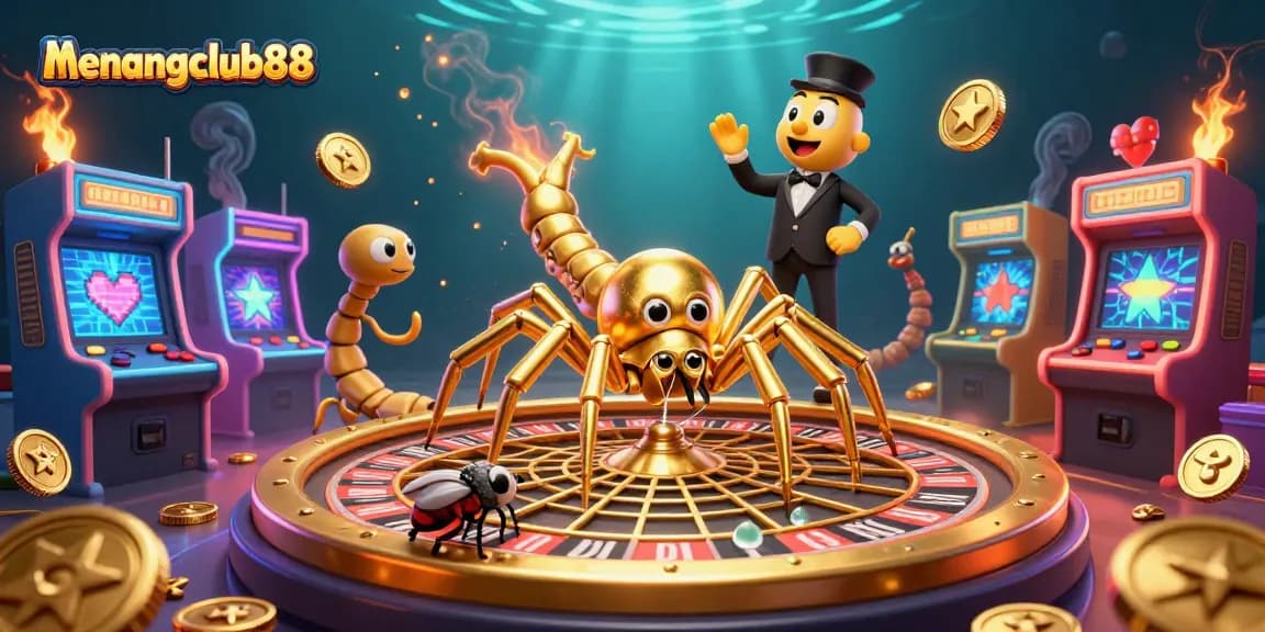 Bet on menangclub88's golden roulette wheel as a fly nervously places bets in a vibrant casino scene.