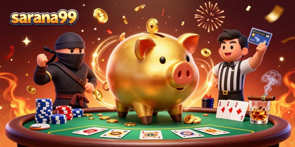 Sarana99 showcases exciting gaming action with a piggy bank sumo wrestler grounded while golden coins scatter around.