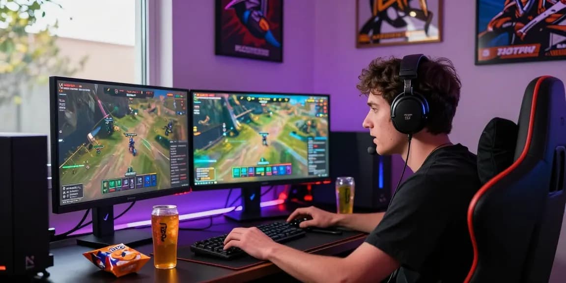 Engaged gamer at a B52 gaming setup with vibrant LED lights and dual monitors.