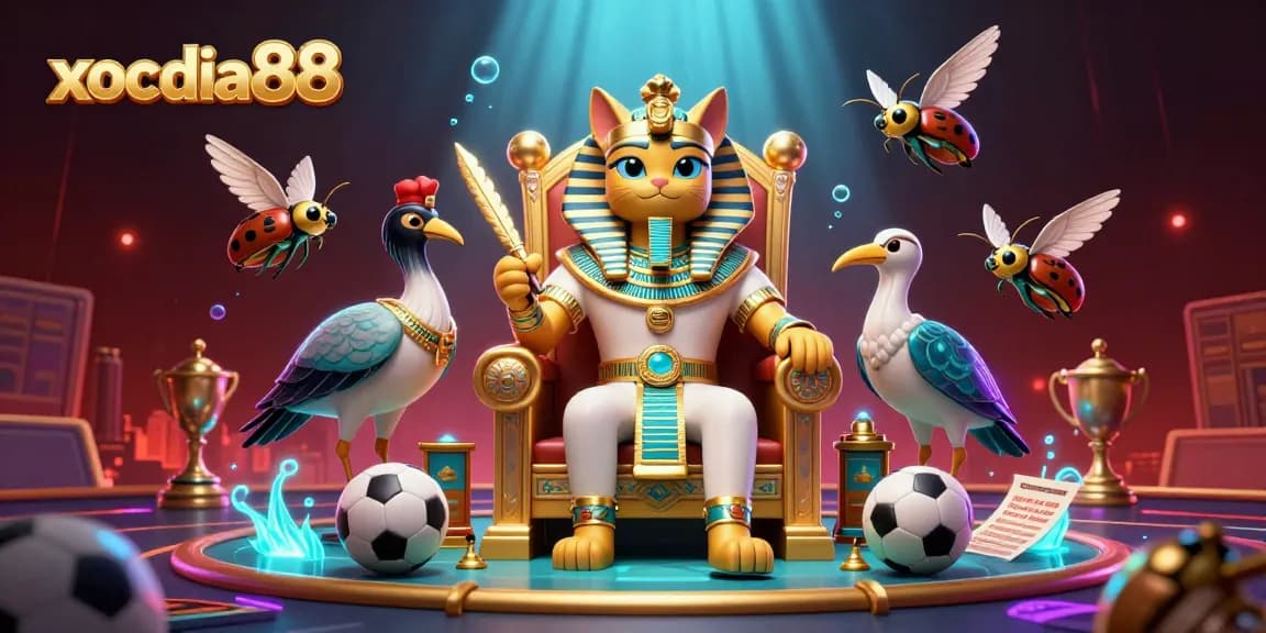 Xocdia88 sports betting scene with Egyptian pharaoh cat and vibrant game elements.