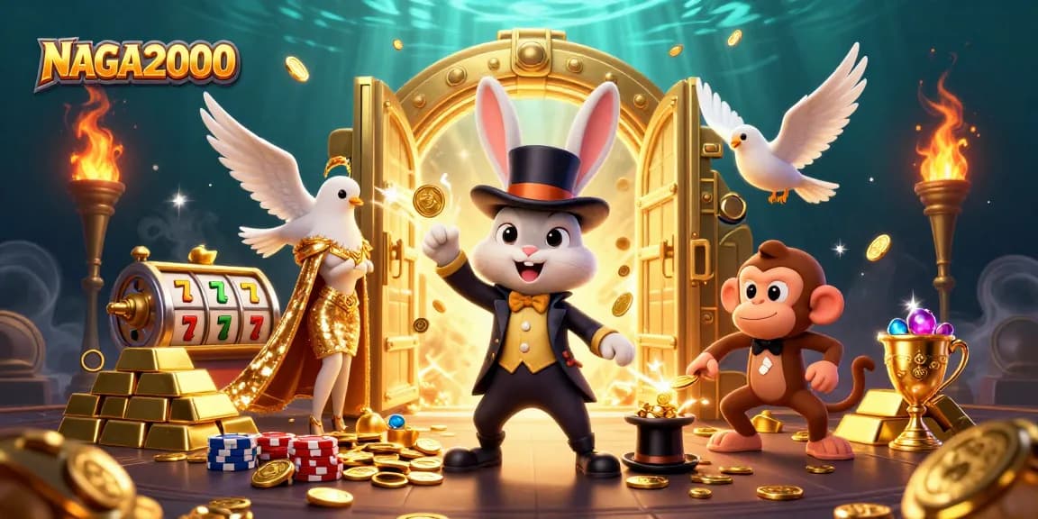 NAGA2000 menampilkan kelinci pesulap, merpati, dan monyet dengan chip poker dalam adegan kasino yang cerah.