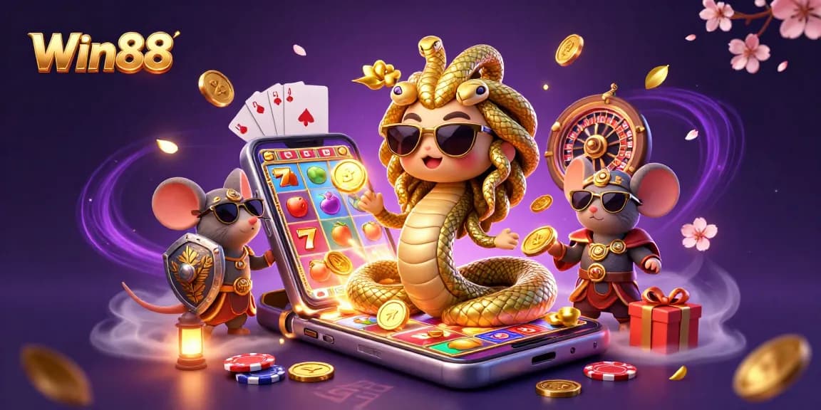 Spin and win at Win88 with a captivating Medusa and mouse in a vibrant casino scene.