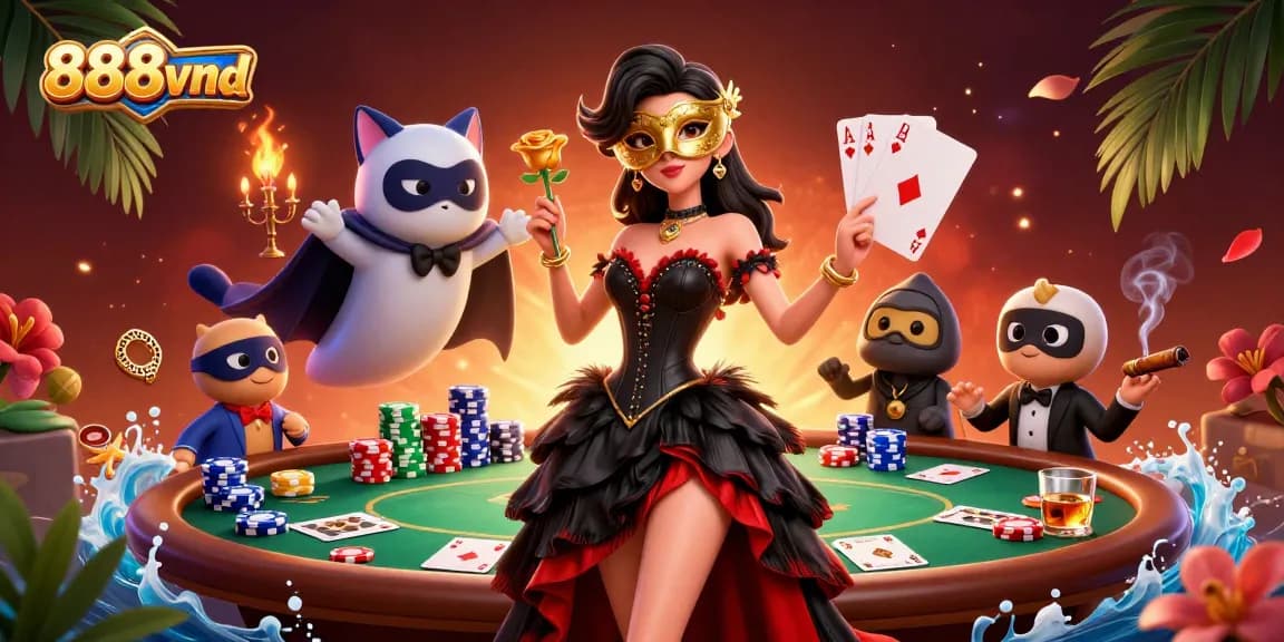 Join the excitement at 888vnd with poker chips, a glamorous dealer, and captivating gaming elements.