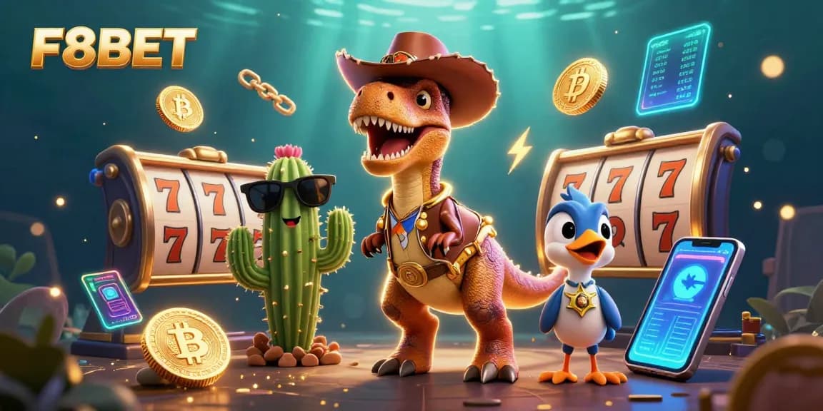 Experience the excitement of F8BET as cartoon characters play slots and cryptocurrencies sparkle.