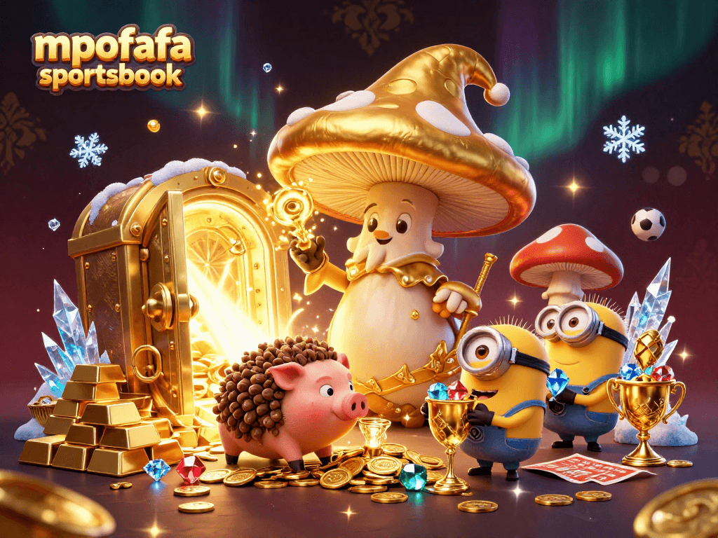 Engage with the mpofafa sportsbook's rich visual world, featuring themed sports betting elements amidst a lavish gold treasure.