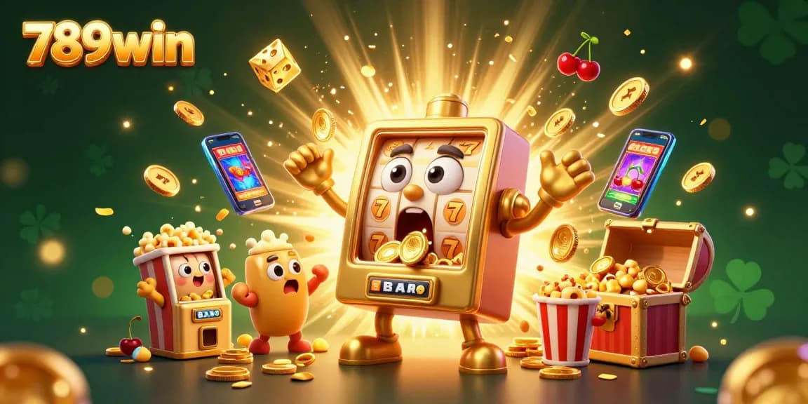 Winning with 789win: A vibrant 3D scene of animated slot machines celebrating a jackpot event.