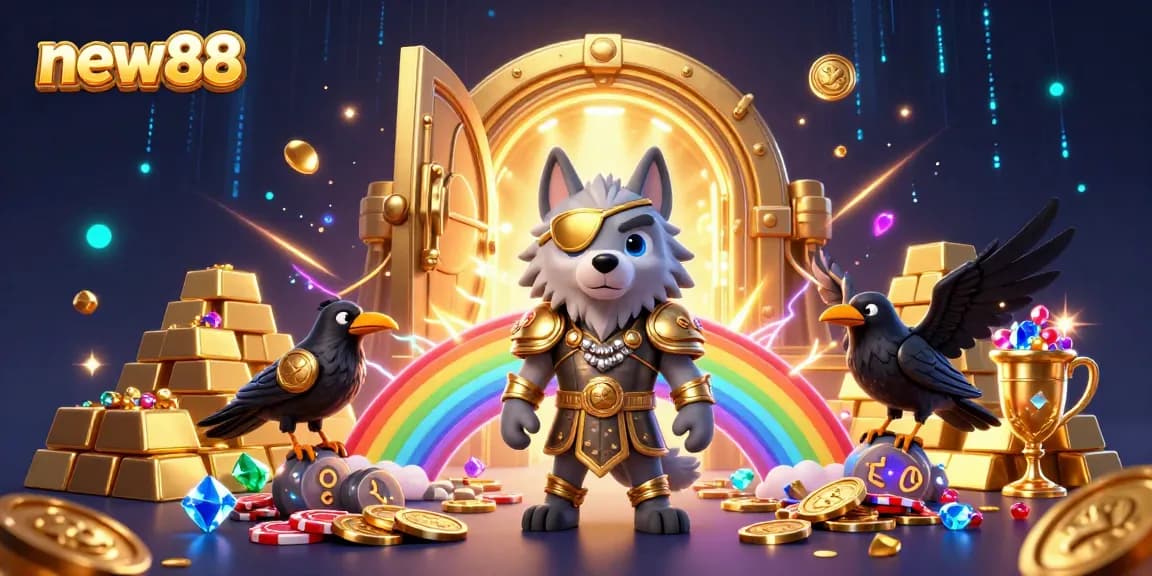 Experience thrilling gaming adventures with new88, featuring Odin and his ravens on a casino chip bridge.