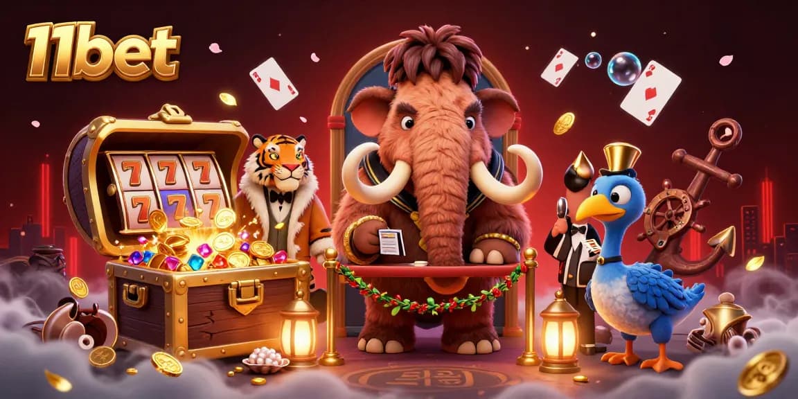 Experience the vibrant casino scene at 11bet with characters like a woolly mammoth bouncer and slot reels.