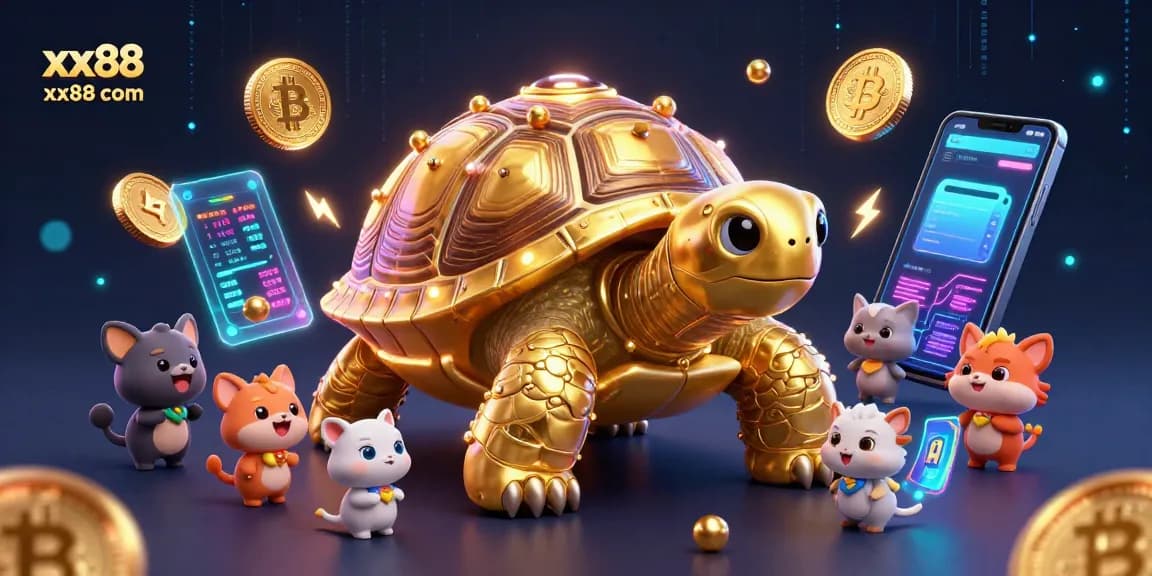 Exciting gaming scene at xx88 com showcasing a golden tortoise pinball machine with vibrant crypto elements.