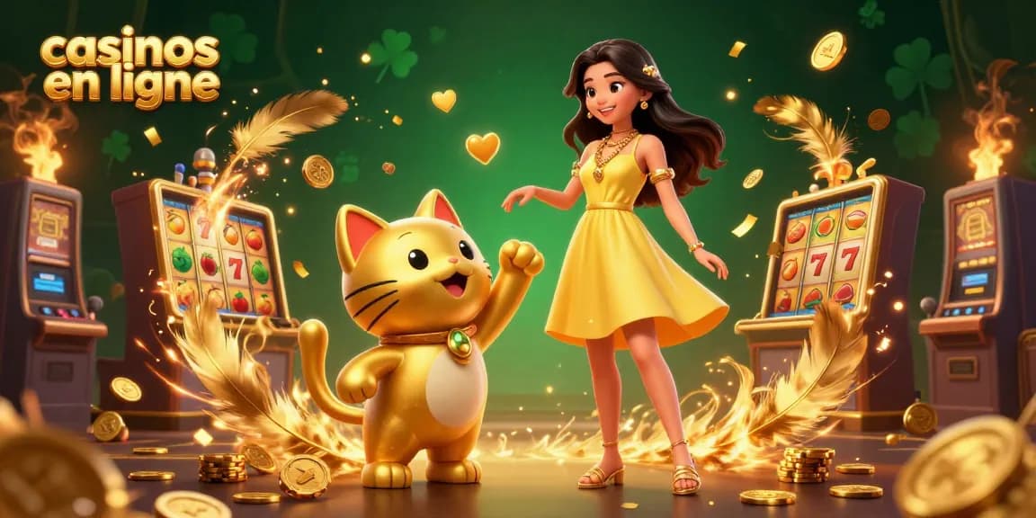 Scène captivante de casinos en ligne présentant une atmosphère de jeu vibrante avec des machines à sous et des personnages joyeux.