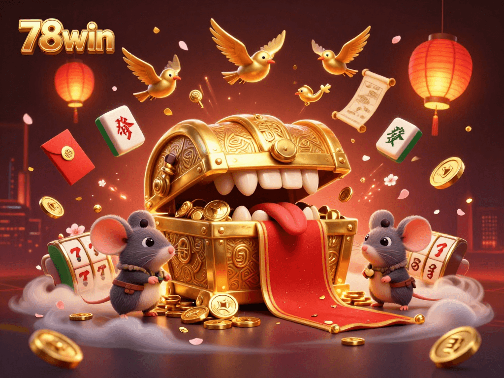 Engage in the excitement of 78win with a vibrant, action-packed casino illustration featuring treasure chests and dynamic gaming elements.