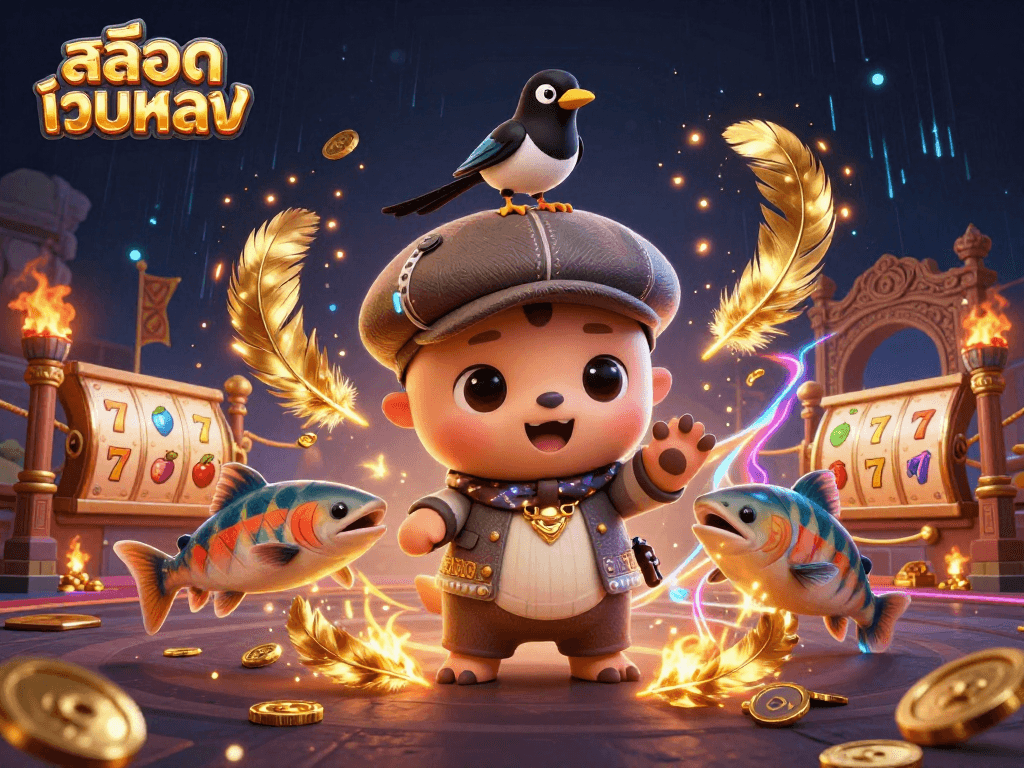 Experience the fun of สล็อตเว็บตรง with 3D cartoon baby Nessie and friends in a vibrant casino scene.