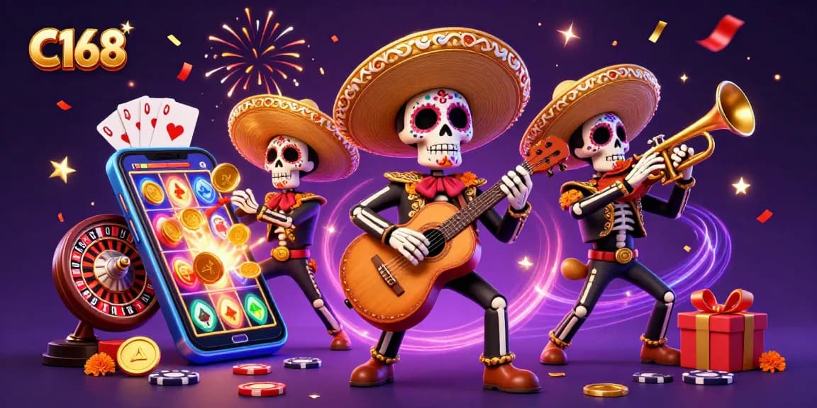 C168 engages players with a vibrant slot game featuring skeleton mariachi characters and festive casino elements.