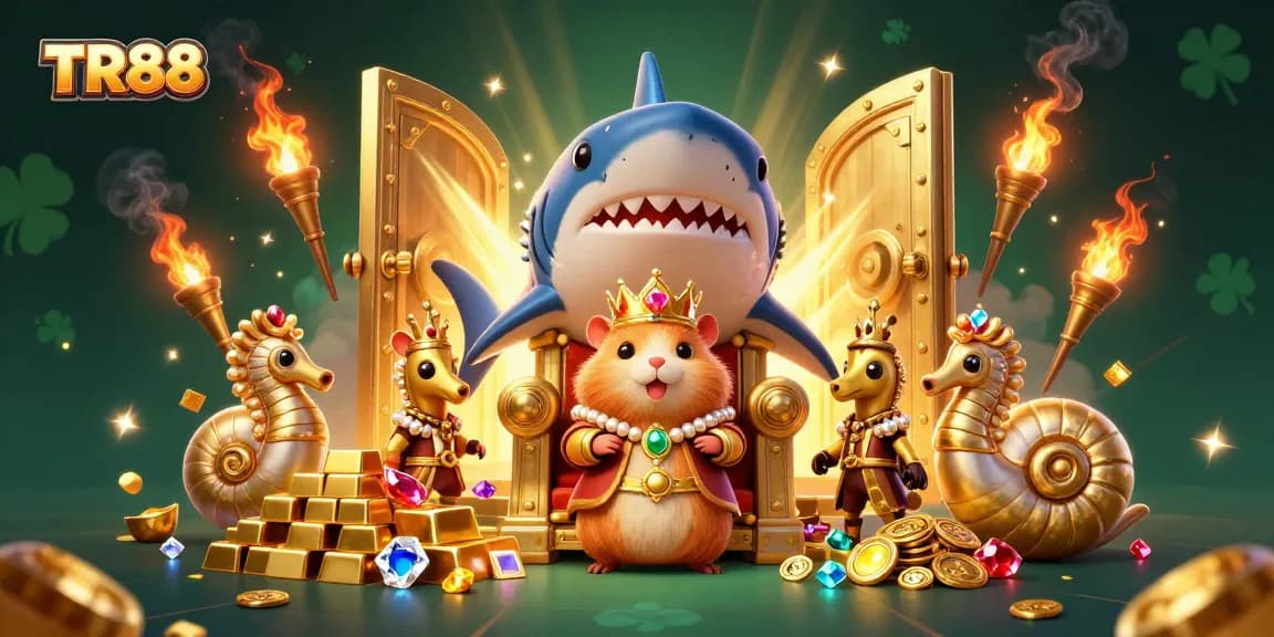 Spin the reels and win big with TR88's treasure-filled casino adventure featuring a golden hamster king.