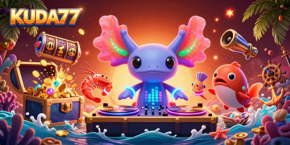 Menangkan permainan KUDA77 dengan DJ axolotl neon dan harta karun laut yang berkilau