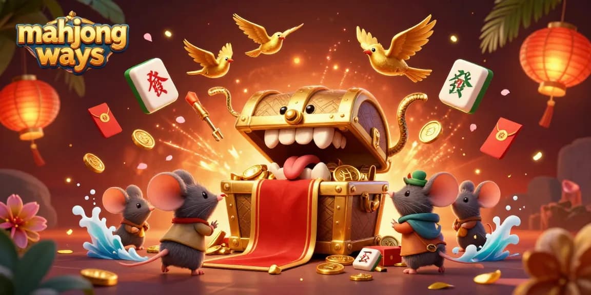 Experience mahjong ways with a vibrant 3D treasure chest scene filled with golden coins and festive symbols.
