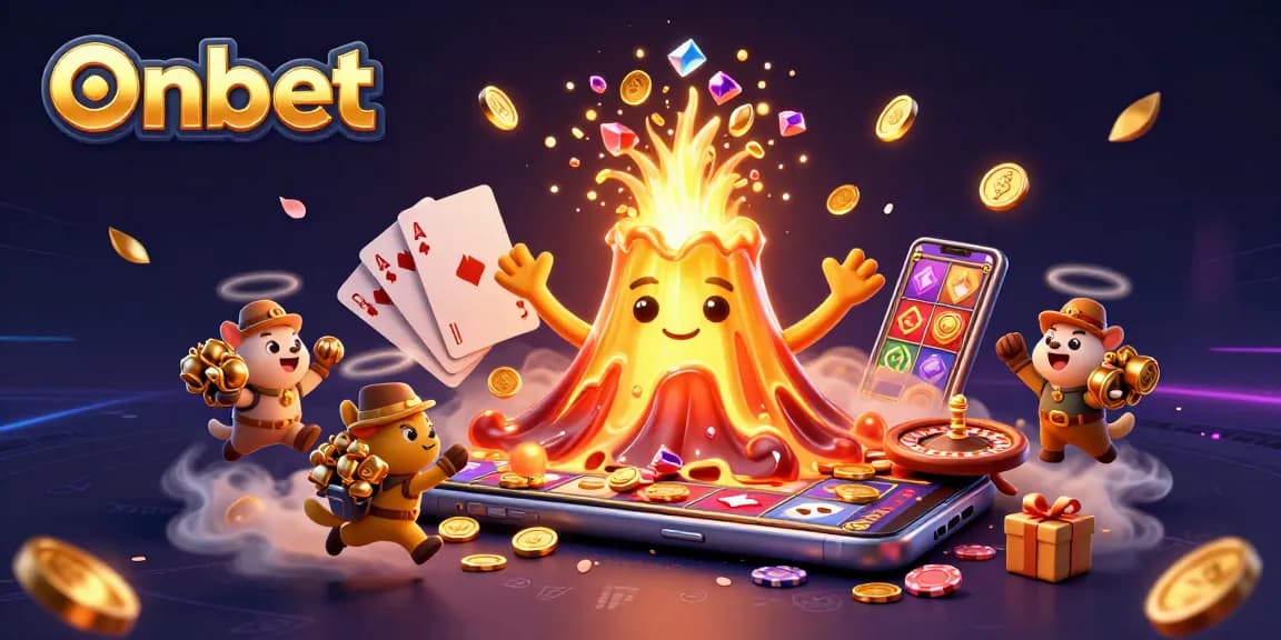 Engage with the vivid Onbet adventure featuring a golden volcano, treasure, and vibrant casino elements.
