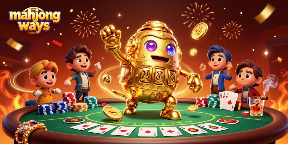 Experience Mahjong Ways with a golden golem and poker elements in a vibrant casino scene.