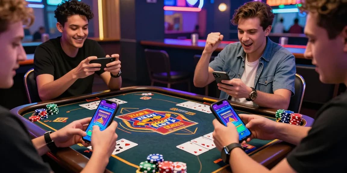 Exciting game portal scene with friends playing Teen Patti Vegas on smartphones in a lively vibrant setting.