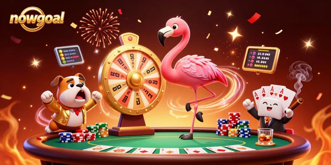 Engage with live betting on nowgoal while cartoon characters spin a prize wheel at a vibrant casino scene.