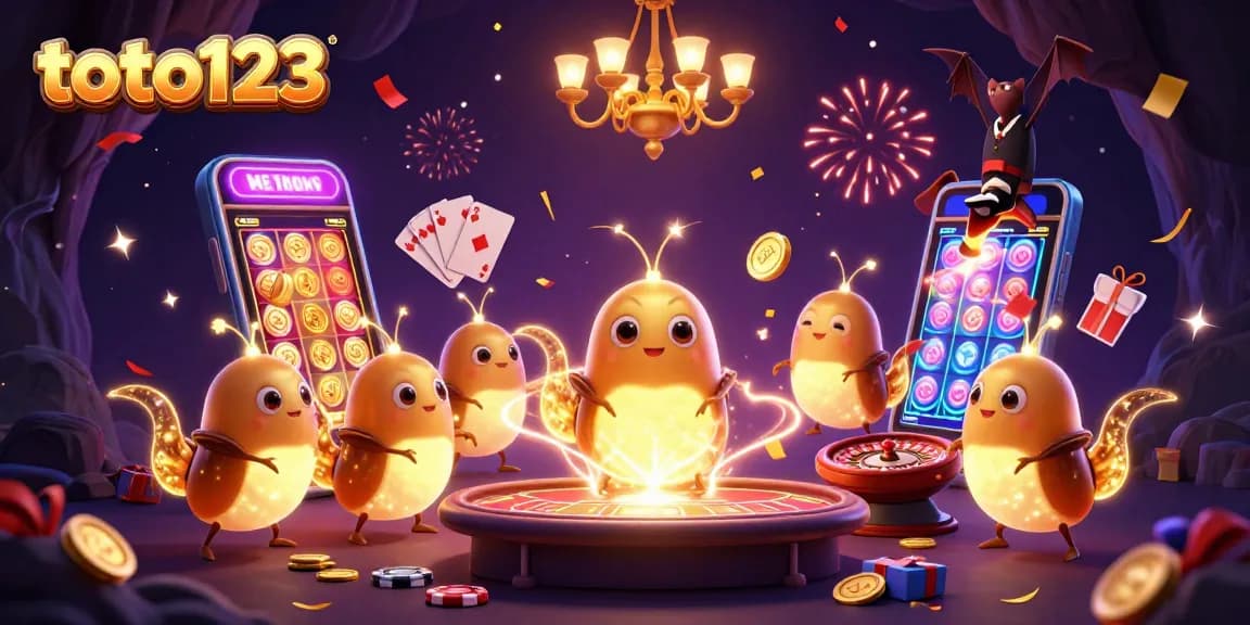 Experience the thrill of toto123 in a vibrant casino scene with glowworms and a bat dealer.