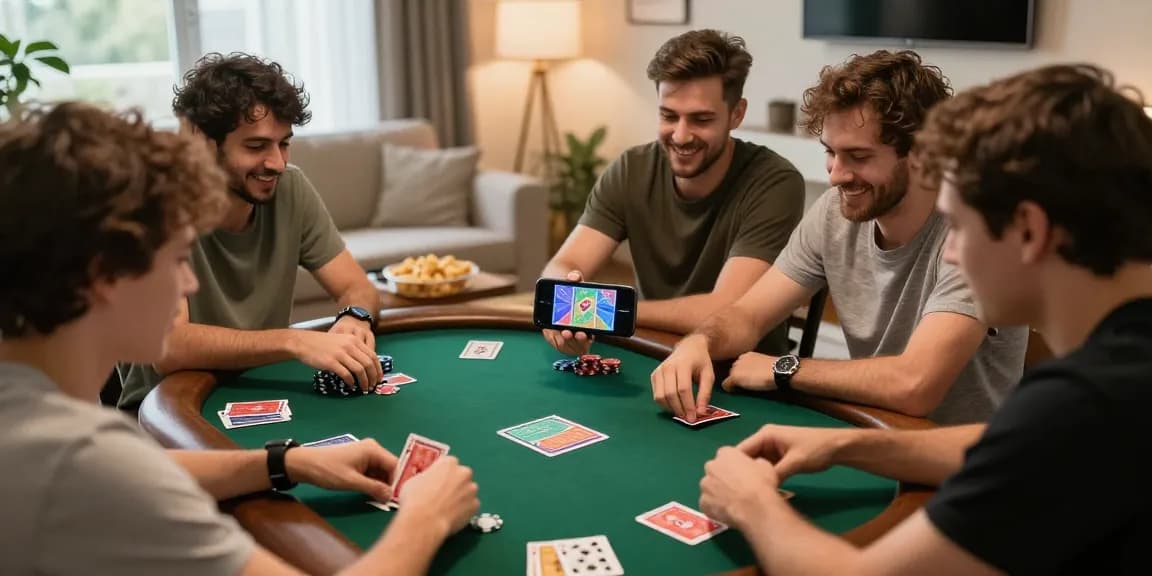 Friends enjoying a card game on smartphone, showcasing vibrant poker graphics and cozy atmosphere