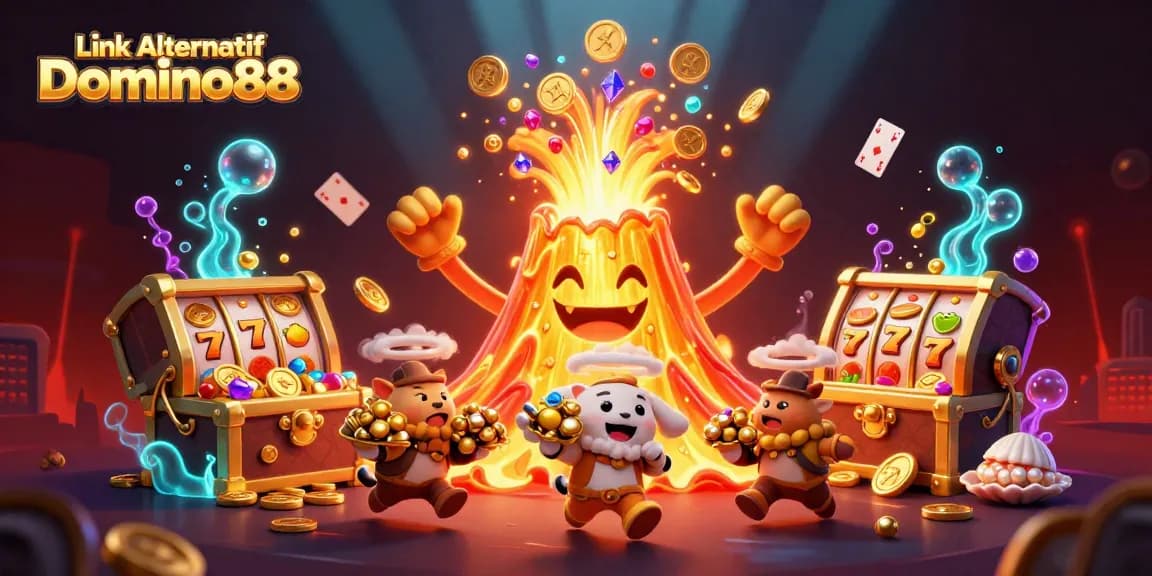 Engage with action-packed gaming visuals featuring Link Alternatif Domino88 in a vibrant casino scene.