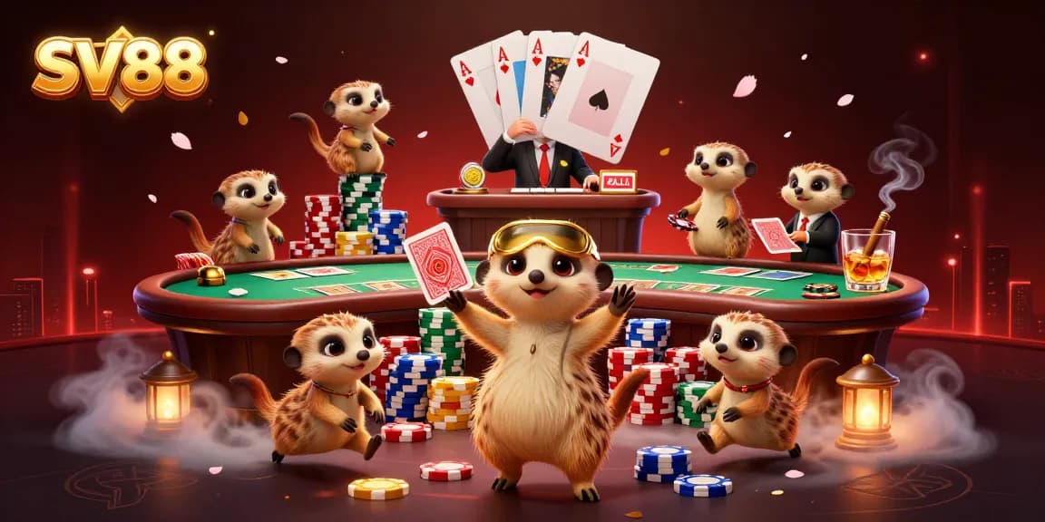 SV88-themed meerkat casino scene with dynamic poker gameplay elements and atmospheric effects.