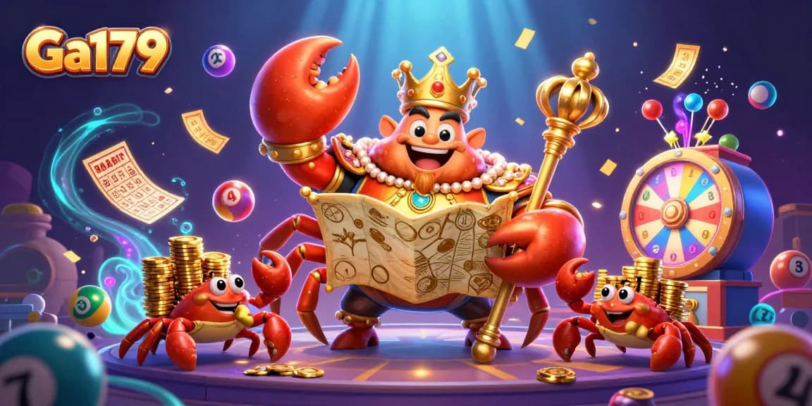 Ga179 showcases a massive golden crab emperor directing bets amid vibrant gaming elements.