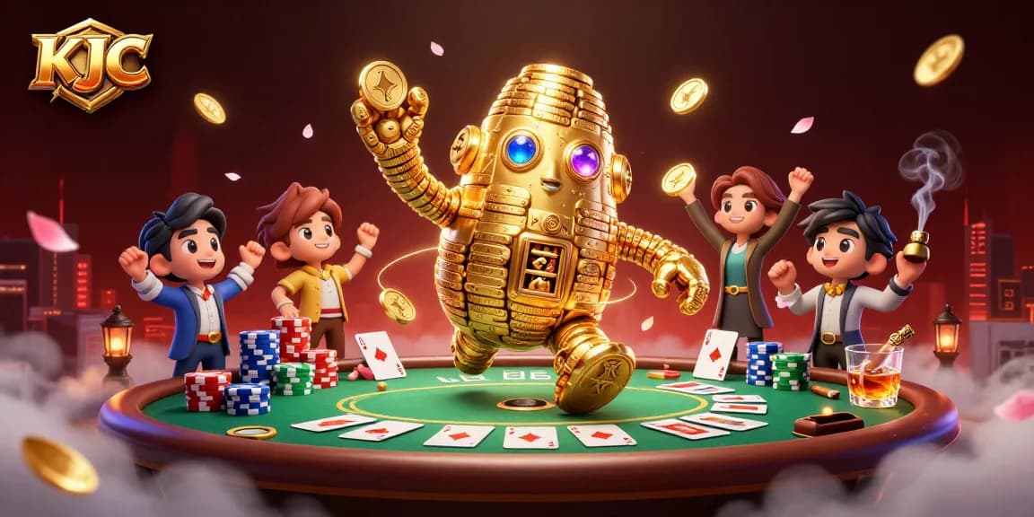 KJC players engaging in a thrilling poker scene with a golden golem and dynamic game elements.