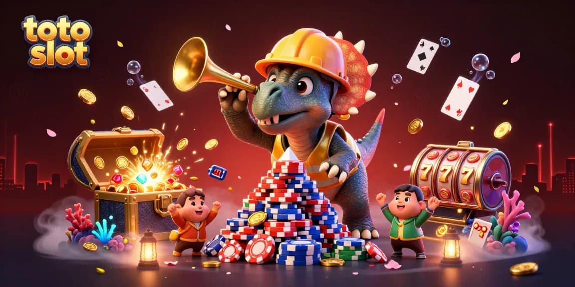Engage with the vibrant world of toto slot, featuring a cartoon triceratops and dazzling slot elements.