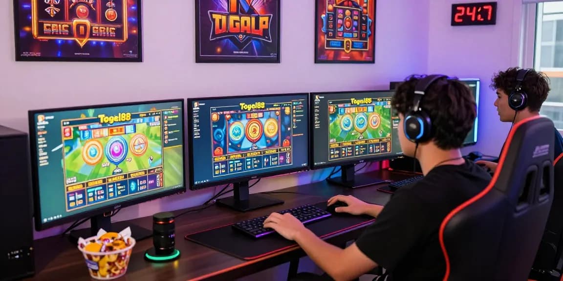 Player engaging with Bandar Togel 4D Resmi Togel88 on multiple screens, showcasing vibrant gaming setup and 24/7 support atmosphere.
