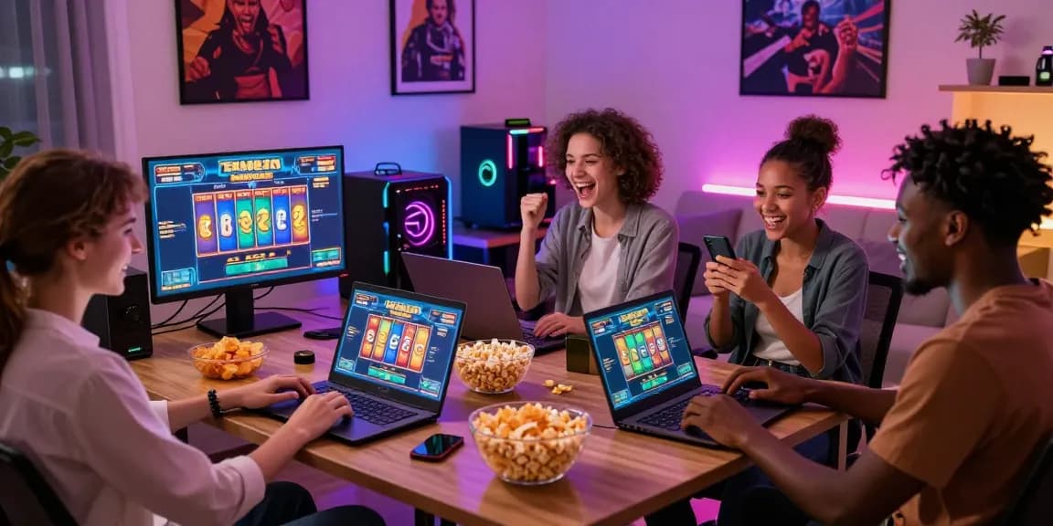 Exciting scene of friends enjoying bandar slot gaming session with laptops and snacks.