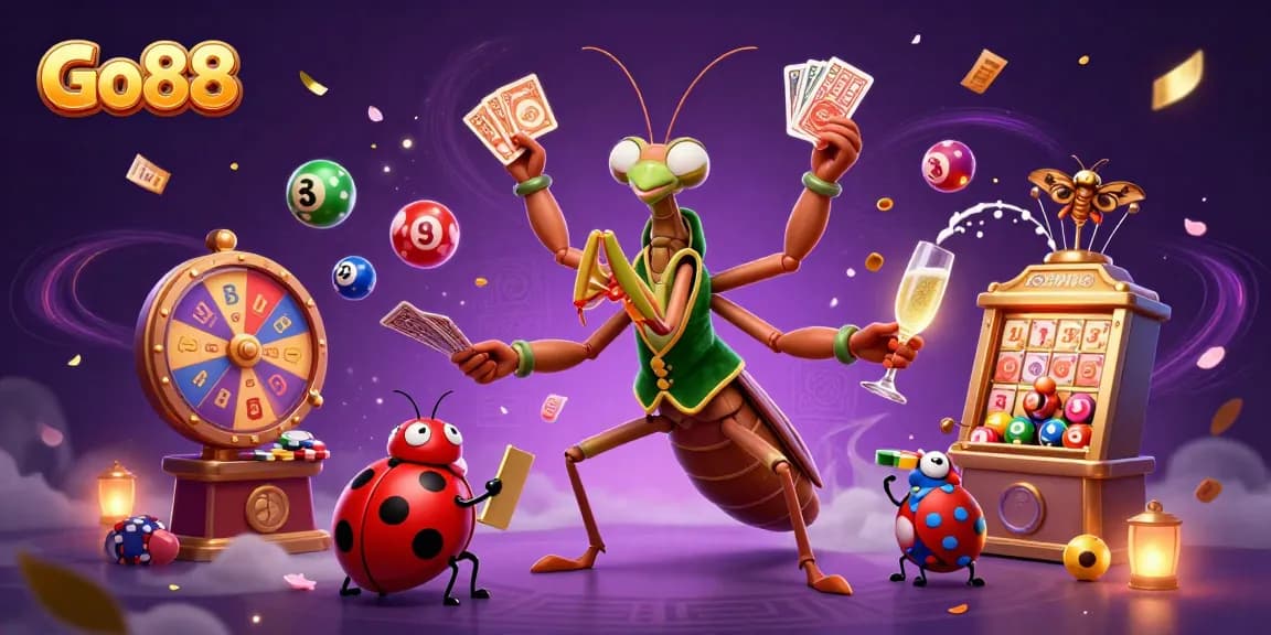Engage with Go88's vibrant 3D scene of a mantis dealer and ladybug pit boss in a thrilling casino atmosphere.
